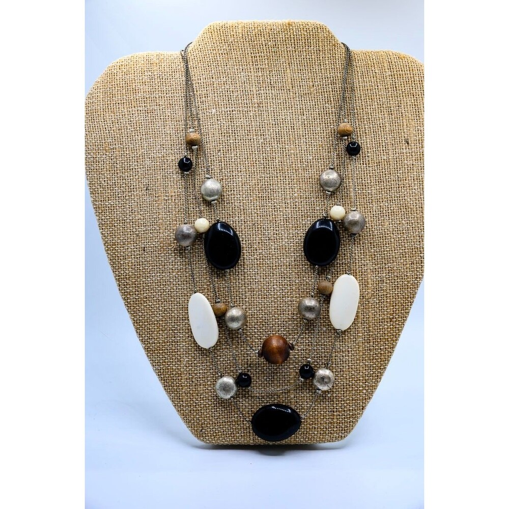 Triple Strand Floating Bead Tiered Necklace Black White Neutral